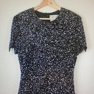 PAULE KA Black Short Sleeve Beaded Tee with Silver Accents